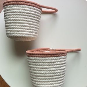 Woven Boho hanging baskets - coral & cream - cotton